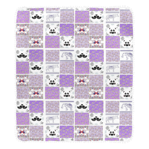 Purple Paisley Birds and Animals Patchwork Design Pom Pom Fringe Blanket 60"x80"