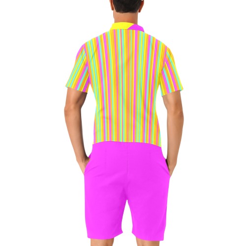 Neon Stripes  Tangerine Turquoise Yellow Pink Men's Short Sleeve Jumpsuit