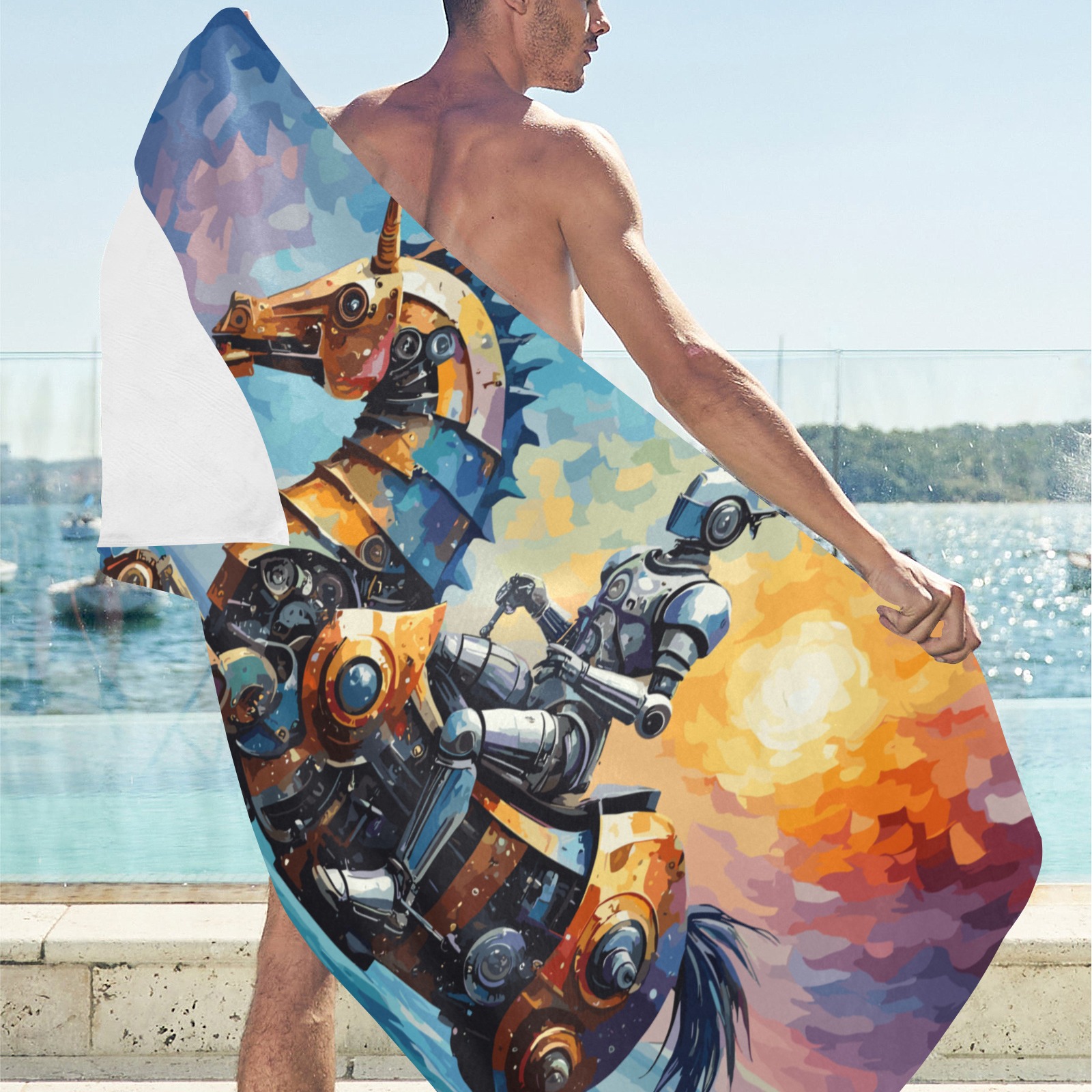 Robotic knight rides mechanical unicorn seahorse. Beach Towel 32"x 71"