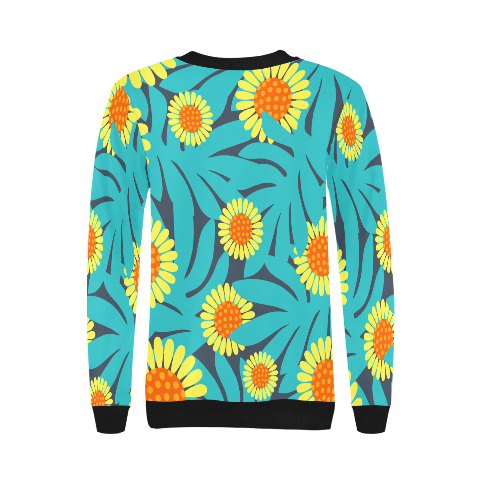 Yellow and Teal Paradise Jungle Flowers and Leaves Women's Rib Cuff Crew Neck Sweatshirt (Model H34)