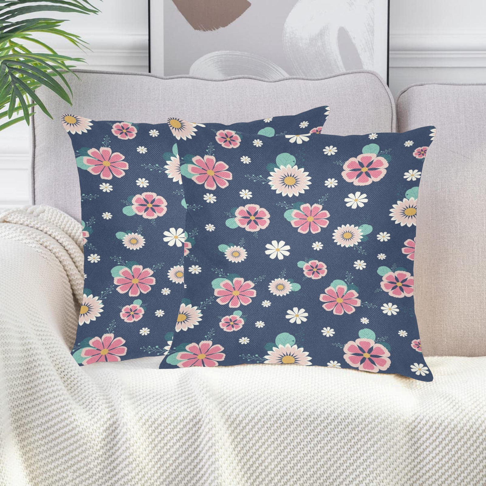 flowers (2) Linen Zippered Pillowcase 18"x18"(Two Sides&Pack of 2)
