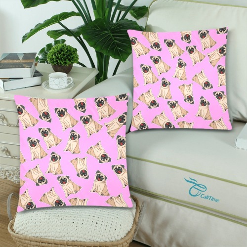 Pugs on Pink Custom Zippered Pillow Cases 18"x 18" (Twin Sides) (Set of 2)