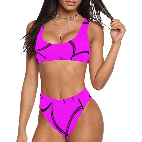 Black Interlocking Squares twirled pink Sport Top & High-Waisted Bikini Swimsuit (Model S07)