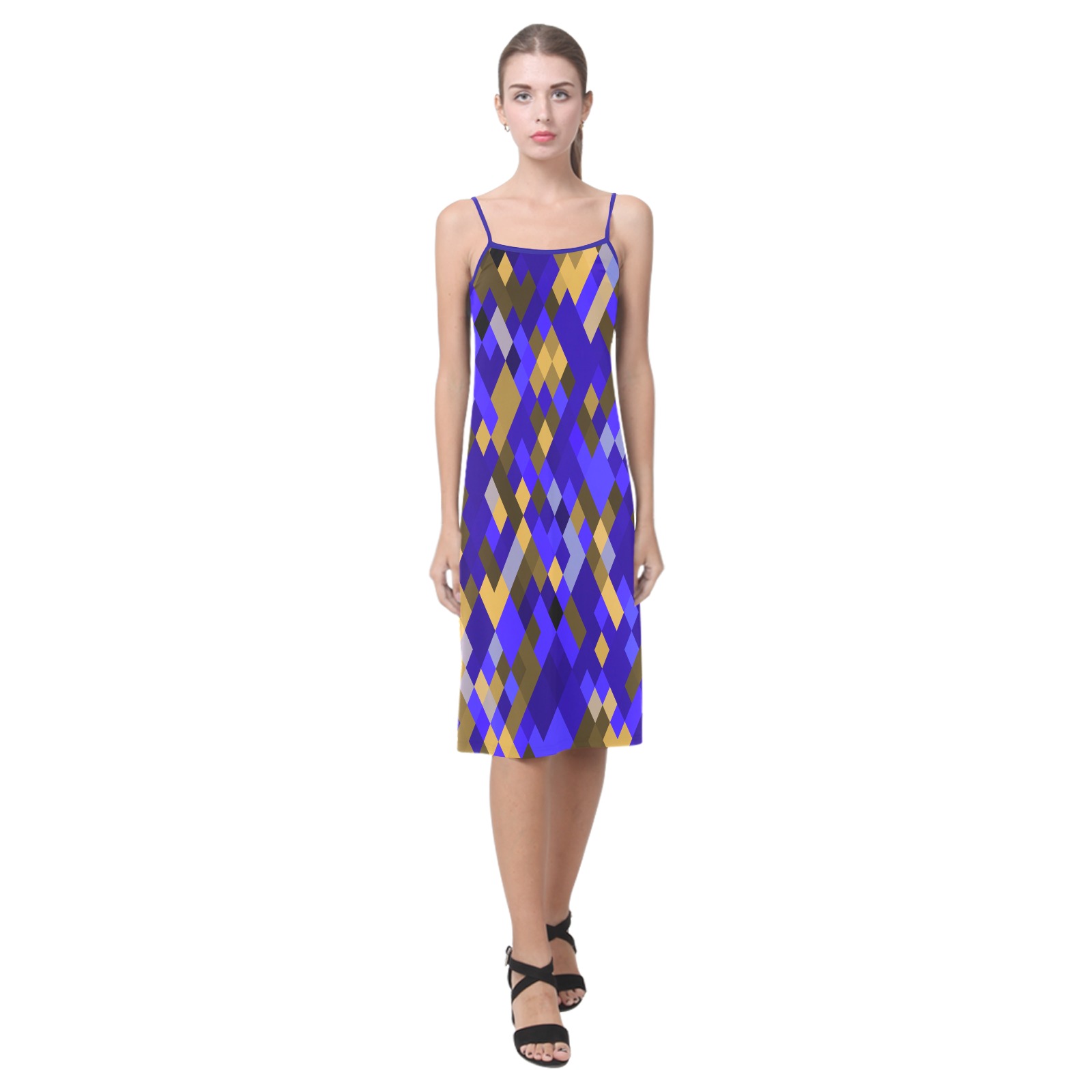 Blue Gold Harlequin Geometric Alcestis Slip Dress (Model D05)