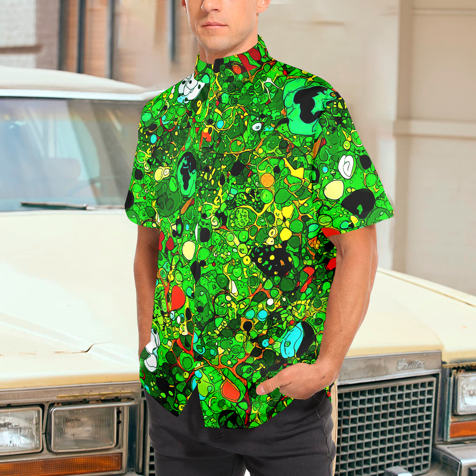 Green Abstract Art 409 Men's Stand-Up Collar Short Sleeve Shirt