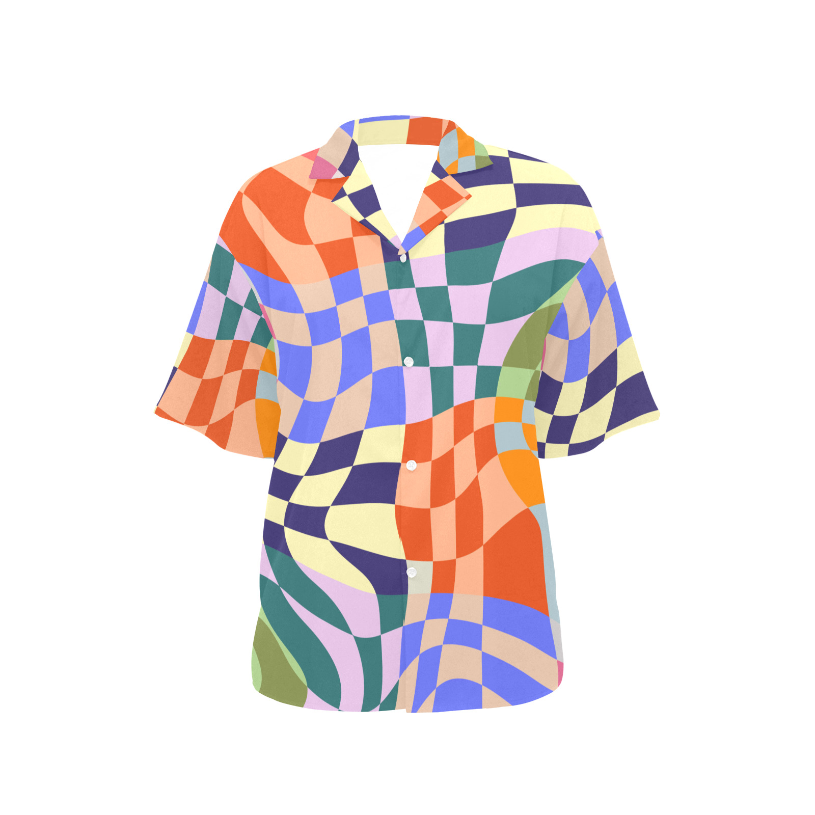 Wavy Groovy Geometric Checkered Retro Abstract Mosaic Pixels All Over Print Hawaiian Shirt for Women (Model T58)