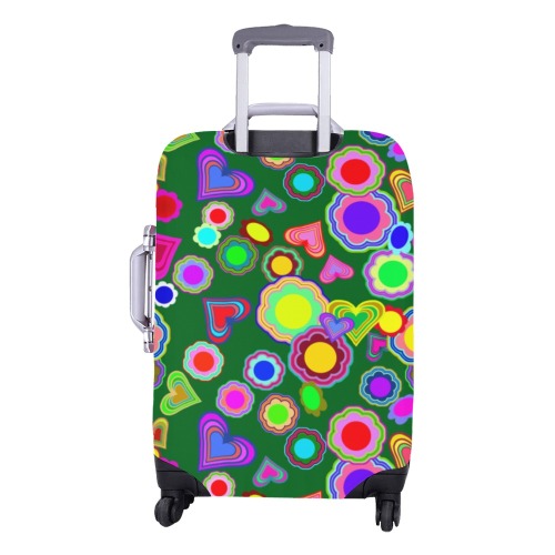 Groovy Hearts and Flowers Green Luggage Cover/Medium 22"-25"