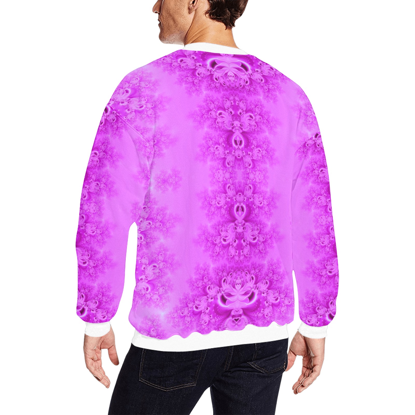 Soft Violet Flowers Frost Fractal All Over Print Crewneck Sweatshirt for Men (Model H18)