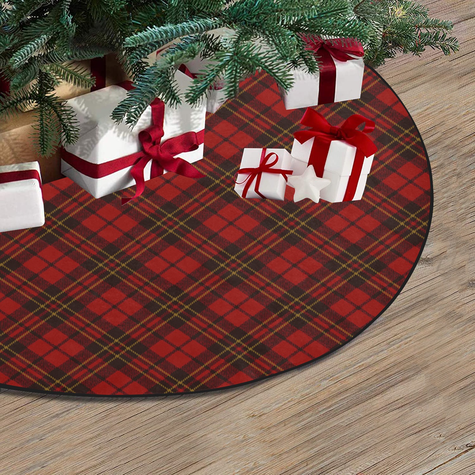 Red tartan plaid winter Christmas pattern holidays Thick Christmas Tree Skirt 30" x 30"