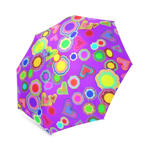Groovy Hearts and Flowers Purple Foldable Umbrella (Model U01)