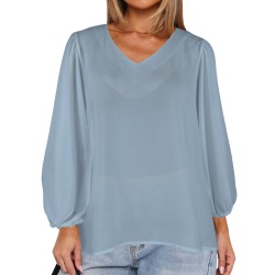 Glacier Lake Women's Loose V-Neck Long Puff Sleeve Top (Model H70)