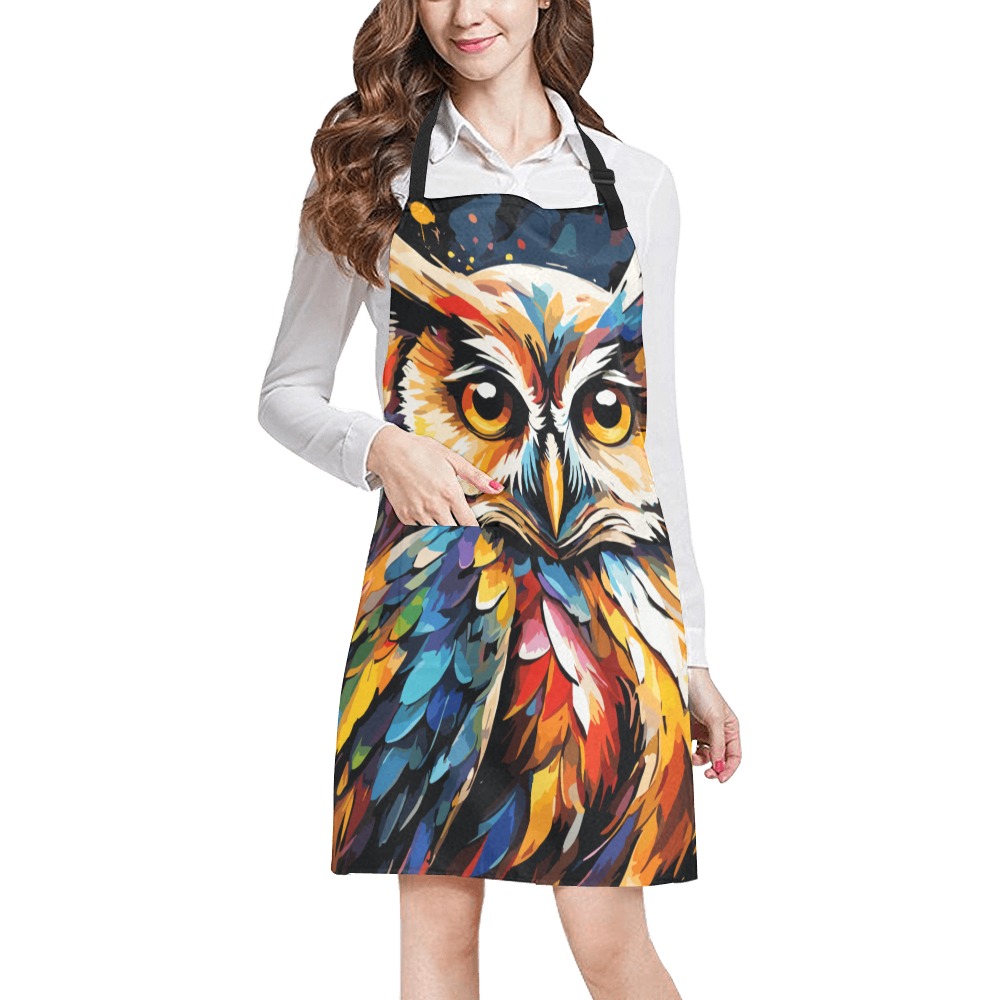 Cute owl bird. Cool, stylish colorful fantasy art All Over Print Apron