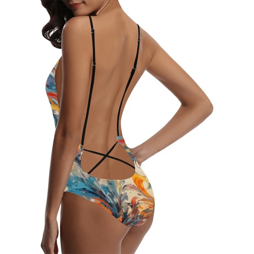 Abstract colorful flowers and whirlpool of colors. Sexy Lacing Backless One-Piece Swimsuit (Model S10)