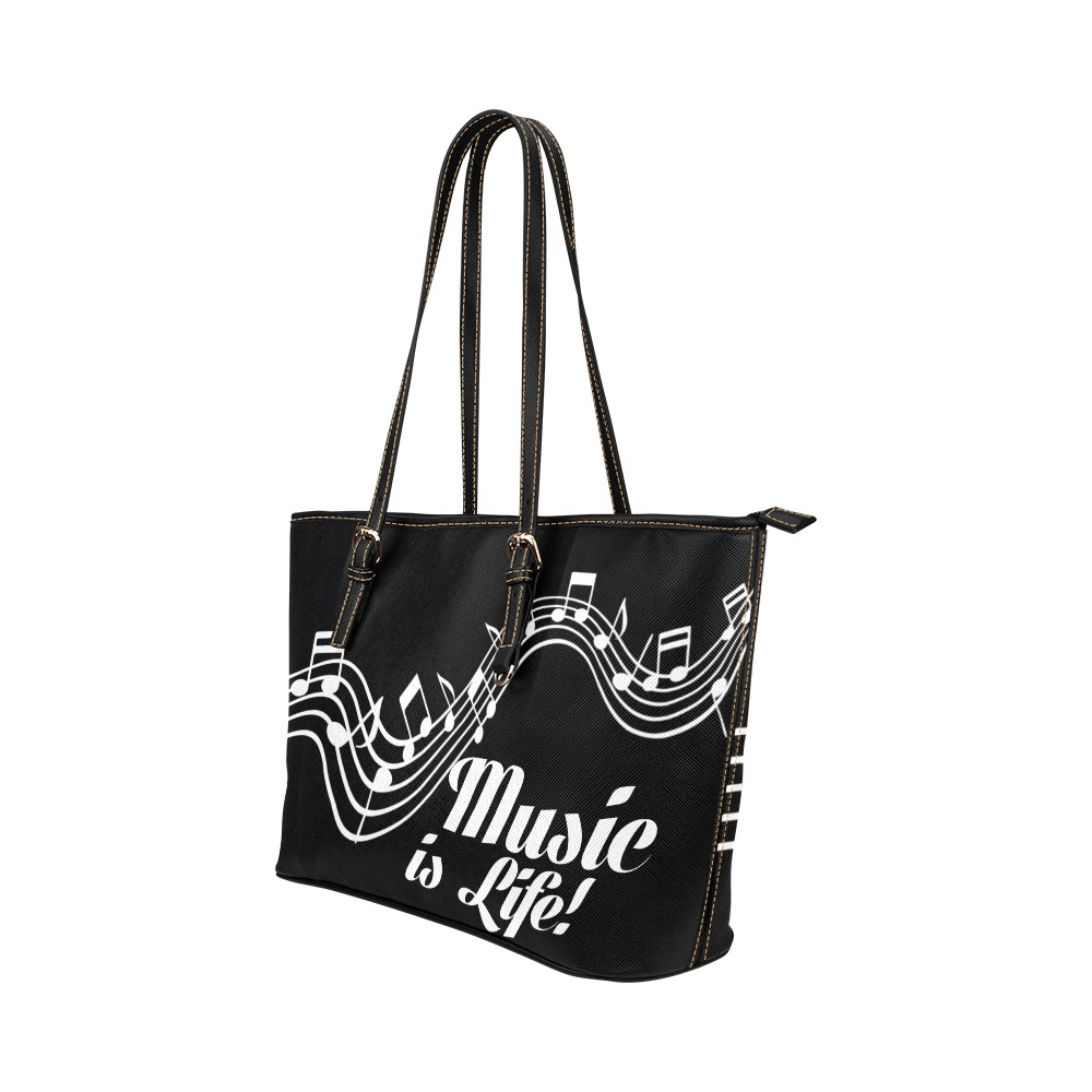 Music_Notes_ black Leather Tote Bag/Small (Model 1651)