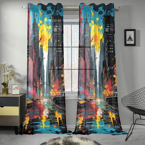New York City colorful abstract art. Cars, houses Gauze Curtain 28"x95" (Two-Piece)