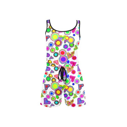 Groovy Hearts and Flowers White All Over Print Short Jumpsuit