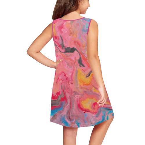 Rainbow Abstract Watercolor Girls' Sleeveless Dress (Model D58)