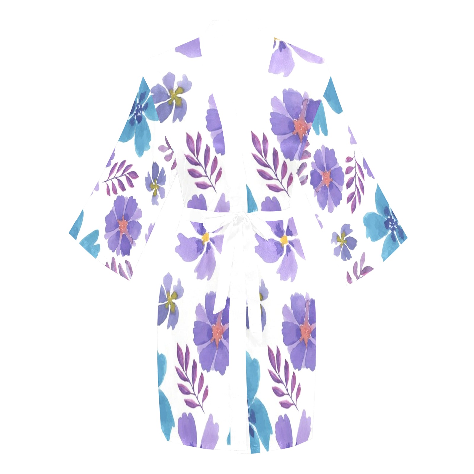 Purple and Blue Floral Long Sleeve Kimono Robe