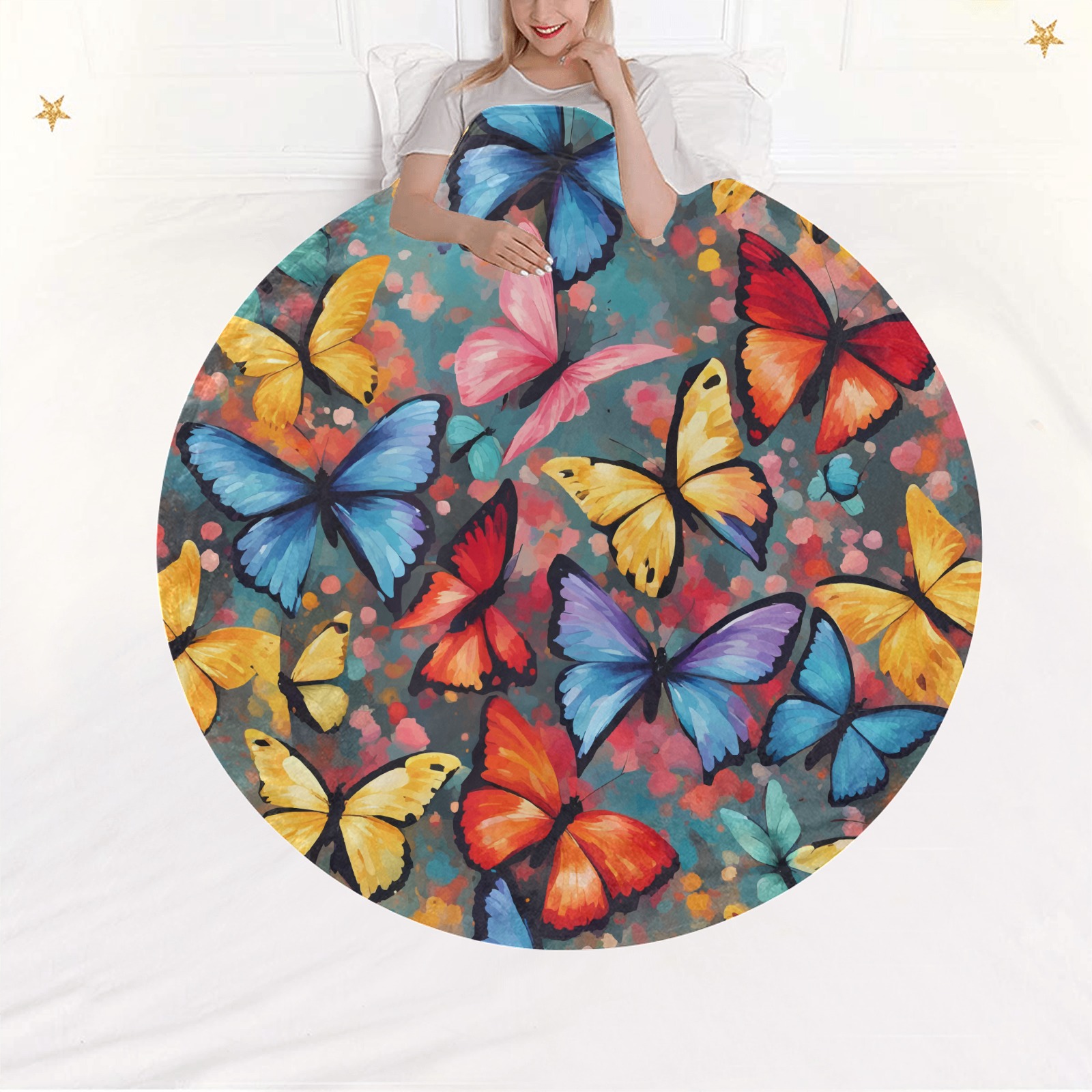Pattern of red, yellow, blue, pink butterflies Circular Ultra-Soft Micro Fleece Blanket 60"