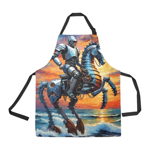 Funny futuristic knight on a mechanical seahorse. All Over Print Apron