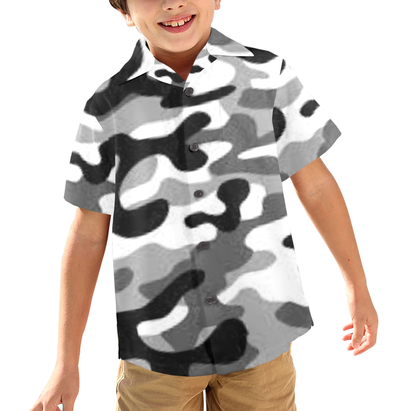 Black White Gray Camo Little Boys' Hawaiian Shirt (Model T58)