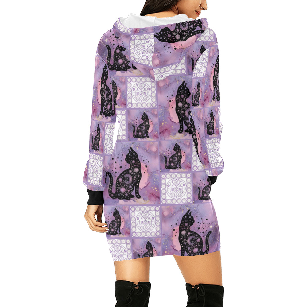 Purple Cosmic Cats Patchwork Pattern All Over Print Hoodie Mini Dress (Model H27)