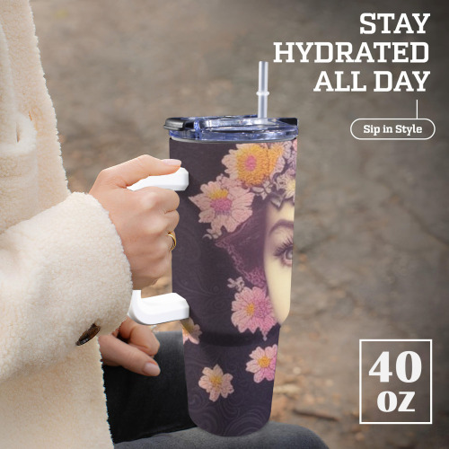 pretty girl with orange pink  knit flowers 6 40oz Tumbler with Handle