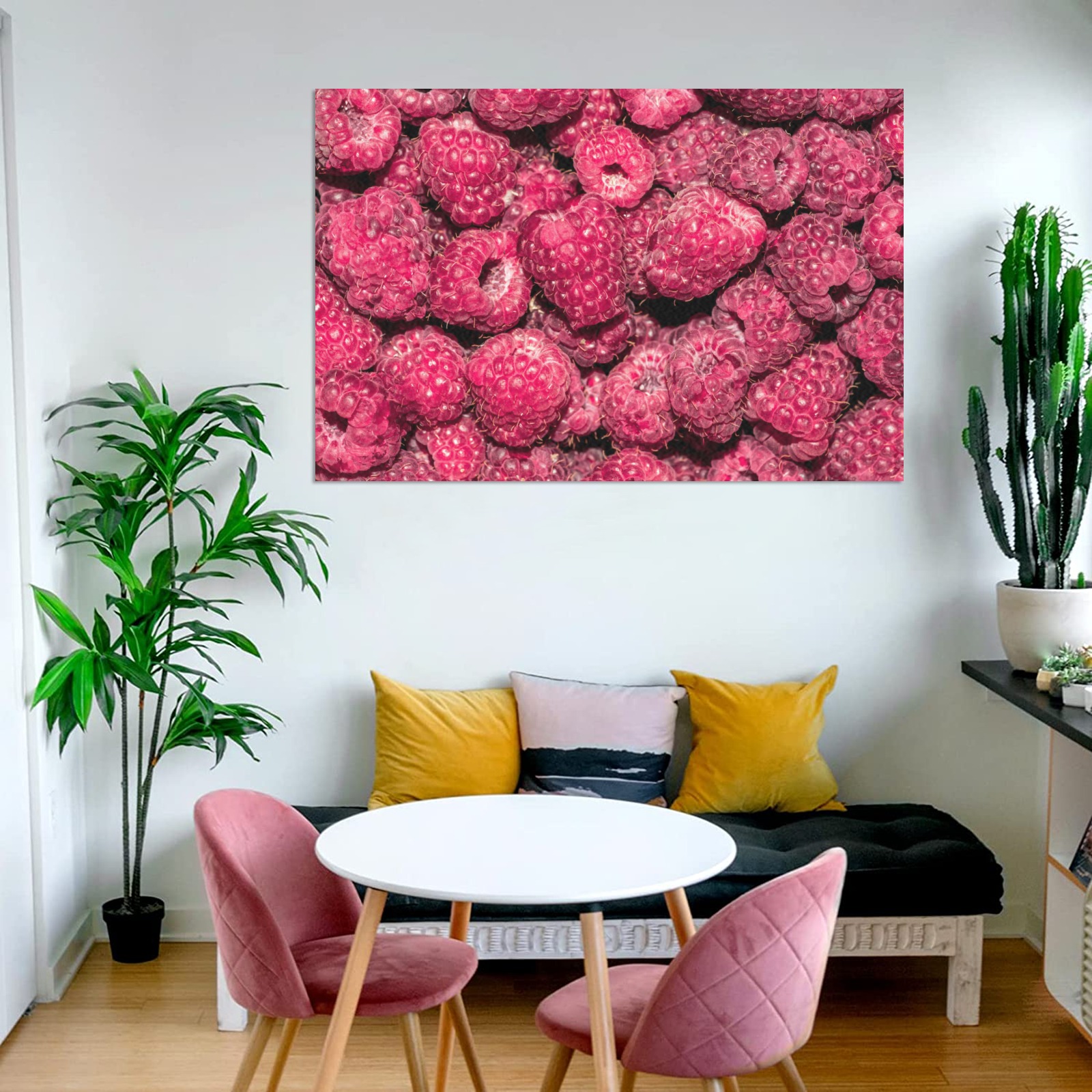 Red raspberry berries. Fresh yummy summer fruits. Frame Canvas Print 48"x32"
