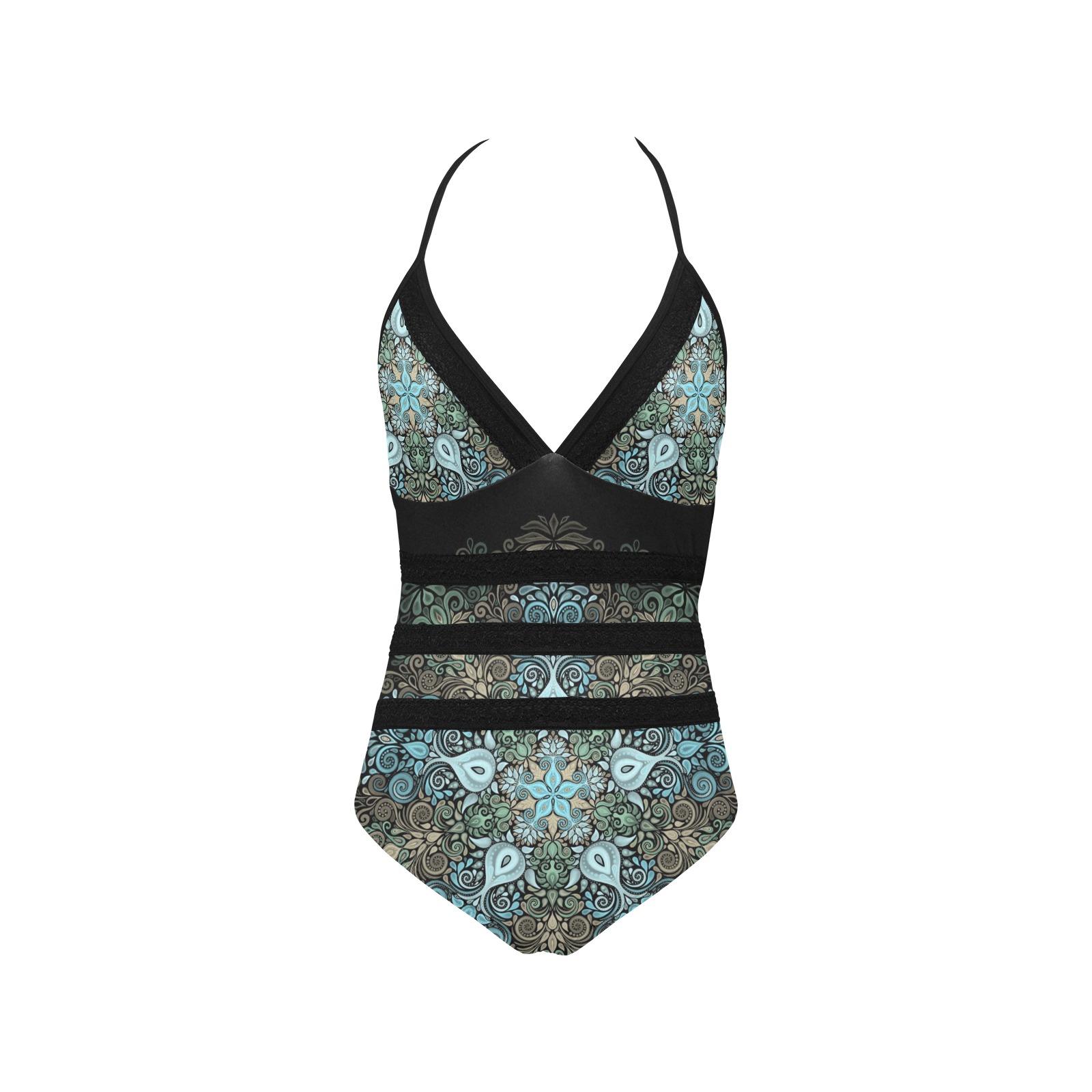 Baroque Garden Watercolor Turquoise Mandala Lace Band Embossing Swimsuit (Model S15)