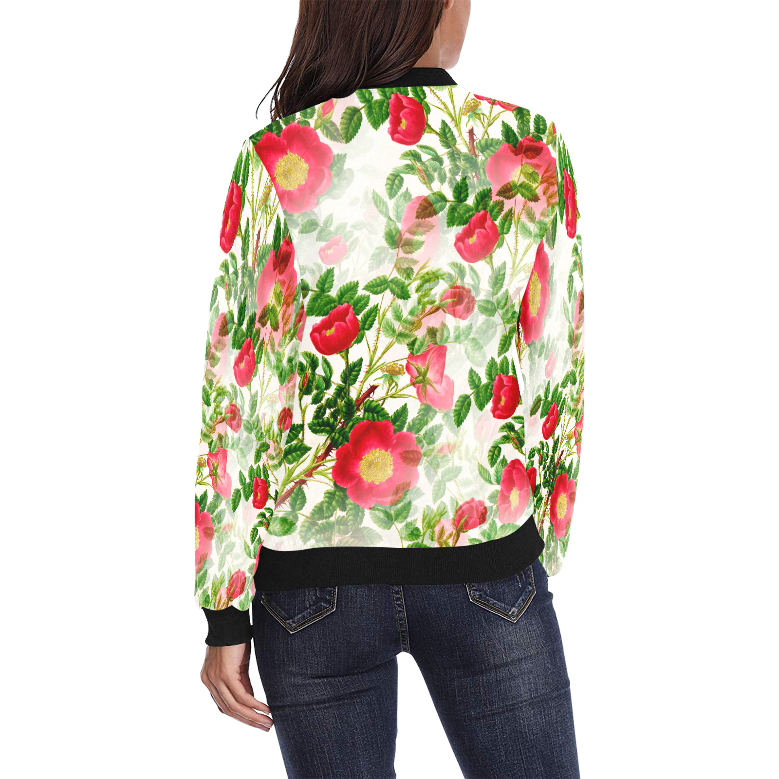 Vintage Red Floral Blossom All Over Print Bomber Jacket for Women (Model H36)