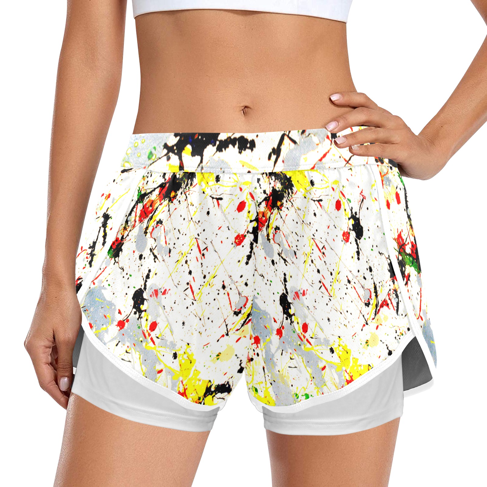 Yellow & Black Paint Splatter Women's Sports Shorts with Compression Liner (Model L63)