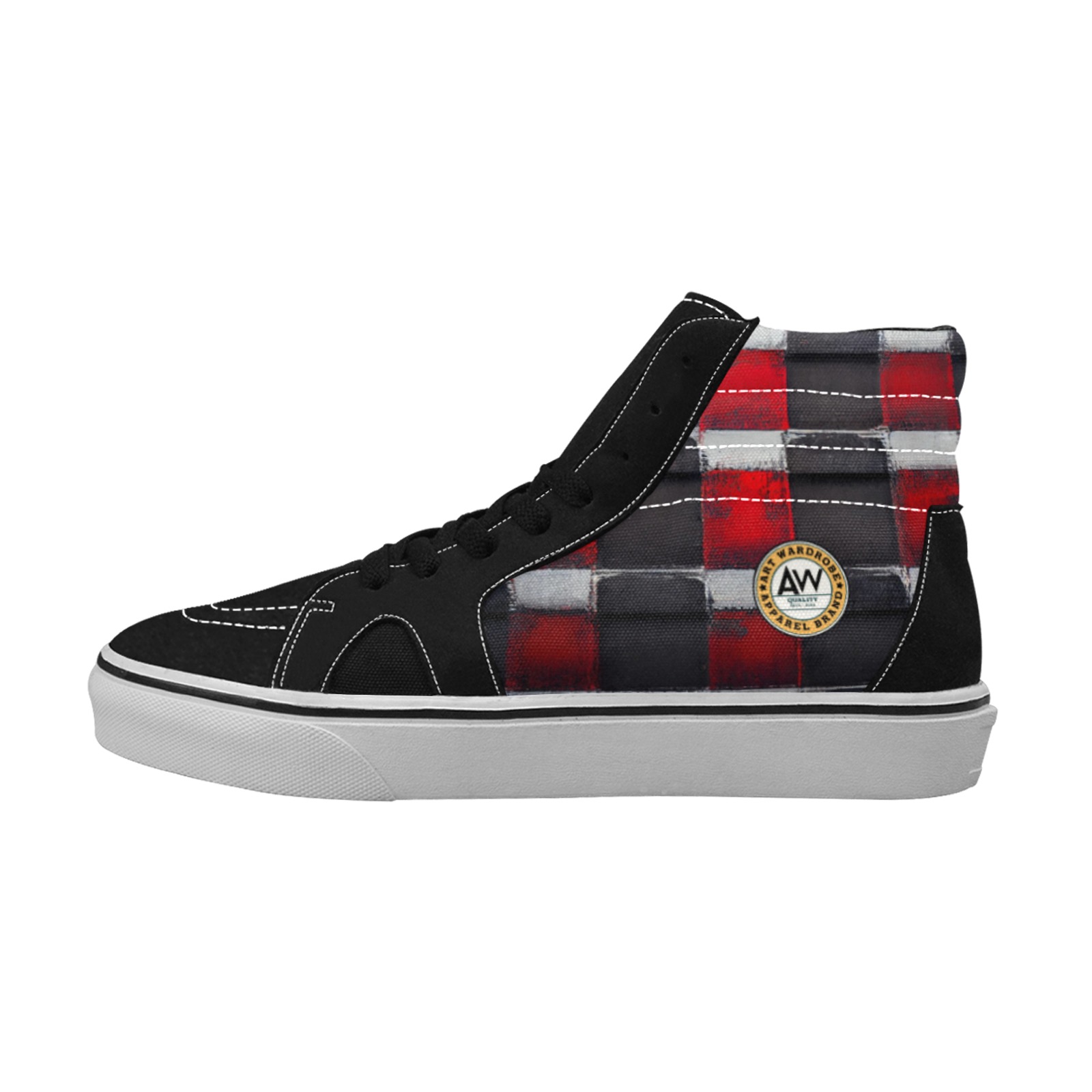 red, white and black checked Men's High Top Skateboarding Shoes (Model E001-1)