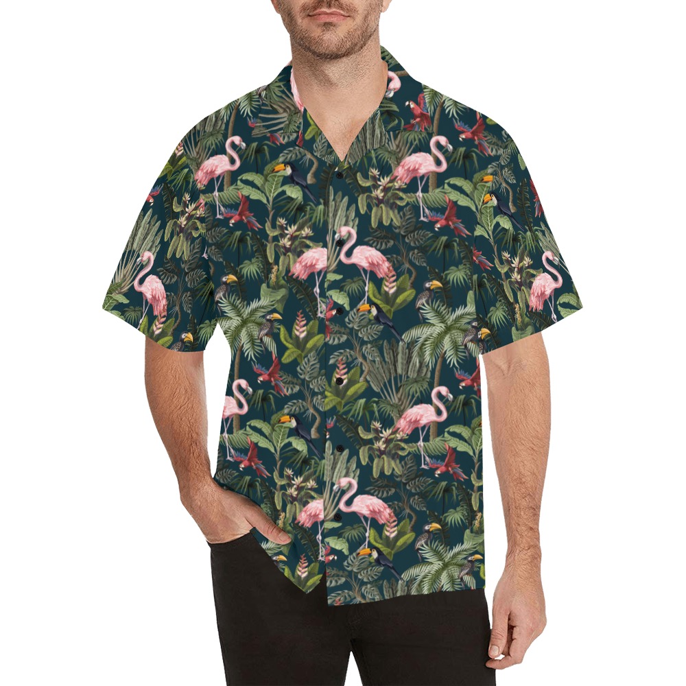 Flamingo Jungle on Black Hawaiian Shirt (Model T58)
