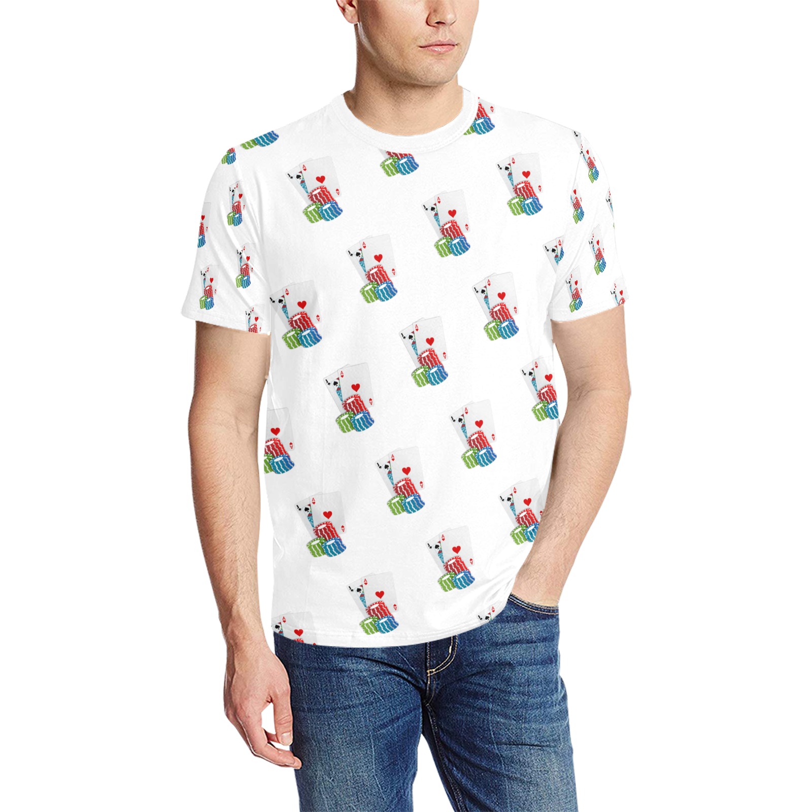 Las Vegas Blackjack / White Men's All Over Print T-Shirt (Solid Color Neck) (Model T63)