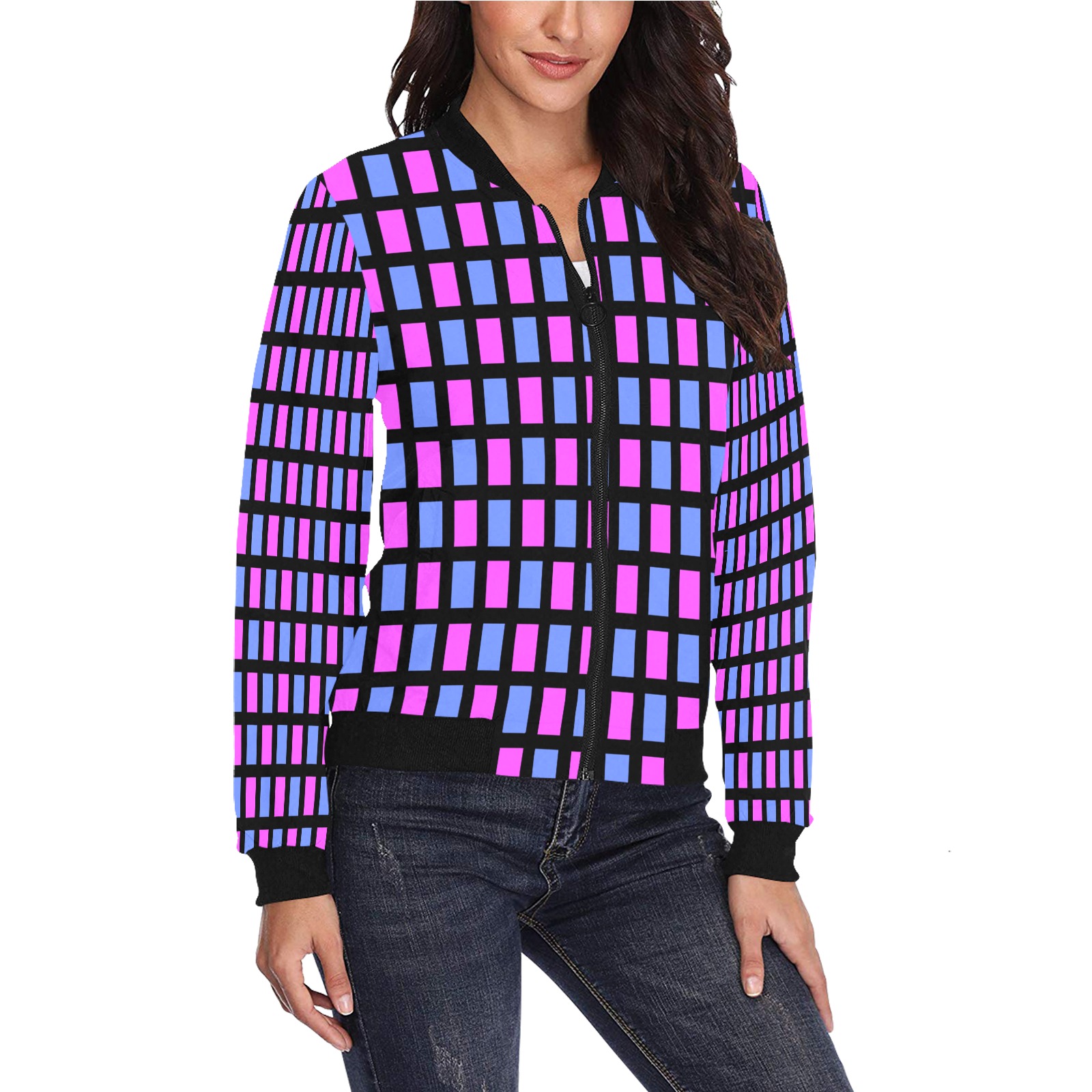pink and blue blk All Over Print Bomber Jacket for Women (Model H36)