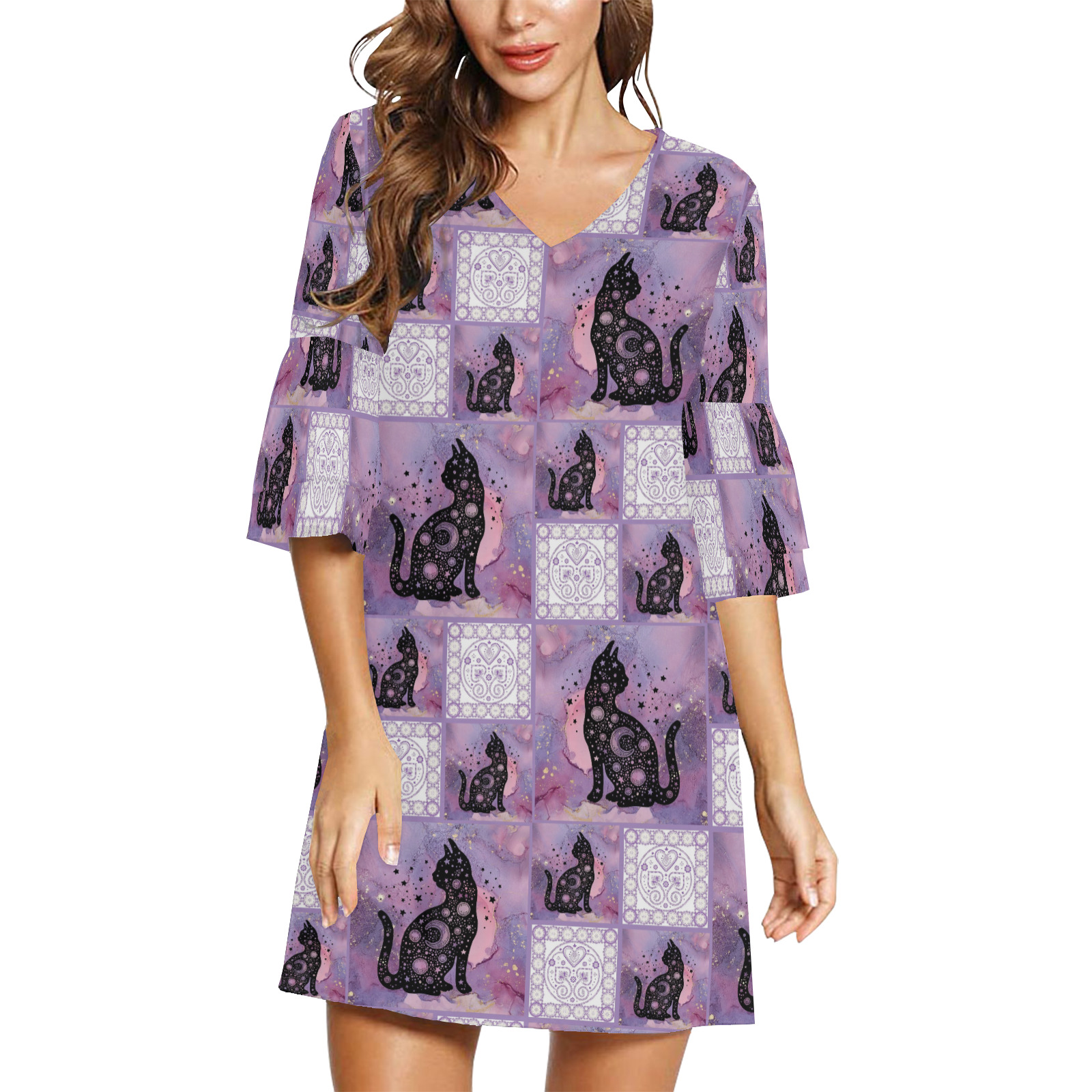Purple Cosmic Cats Patchwork Pattern Half Sleeves V-Neck Mini Dress (Model D63)