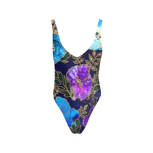 Dark Blue Floral Sexy Low Back One-Piece Swimsuit (Model S09)