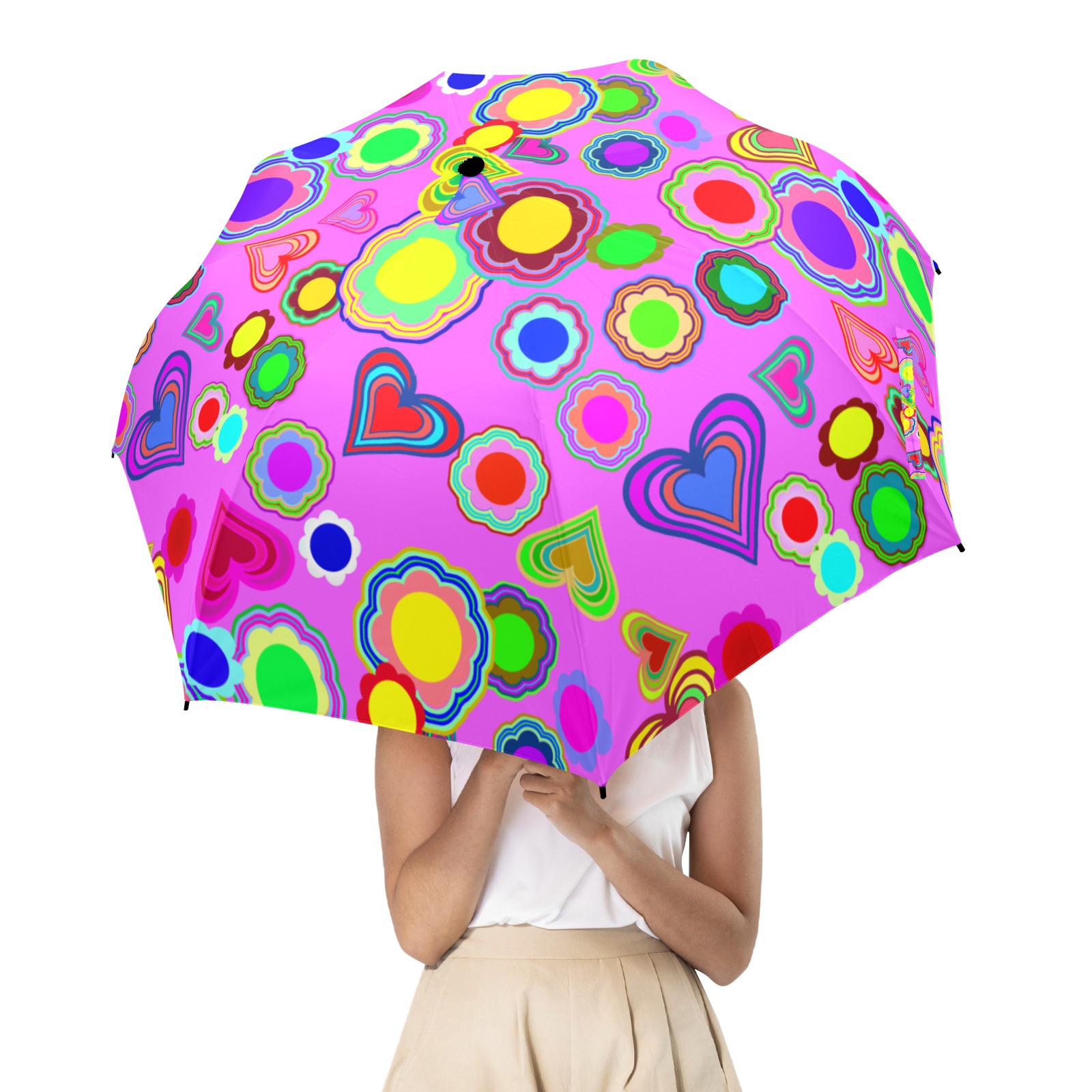 Groovy Hearts and Flowers Pink Semi-Automatic Foldable Umbrella (Model U12)