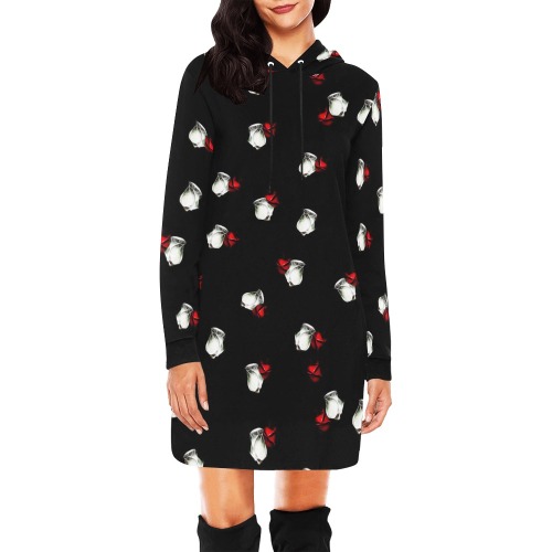 White and Red Roses All Over Print Hoodie Mini Dress (Model H27)