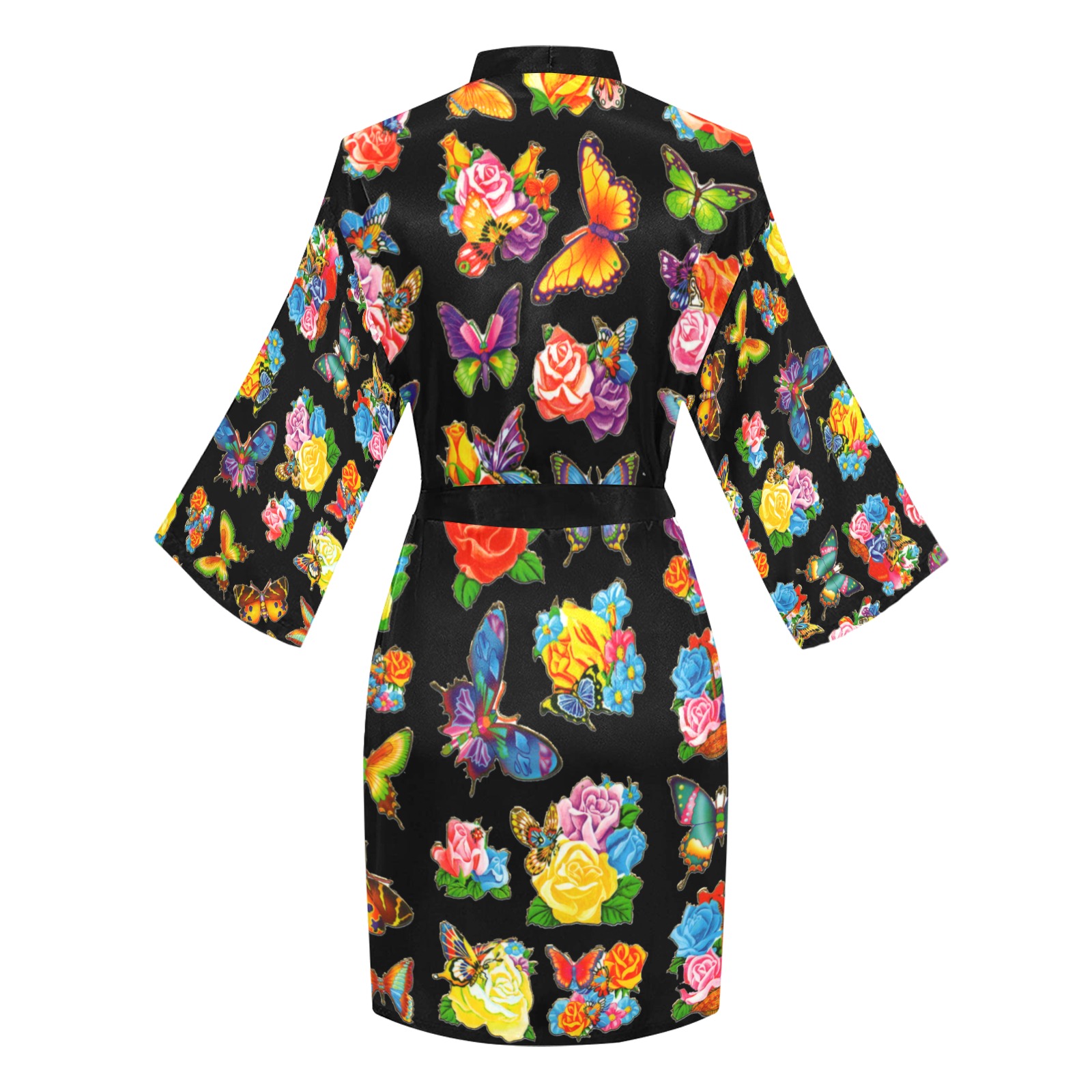 Beautiful Butterflies I on a Black Field Long Sleeve Kimono Robe