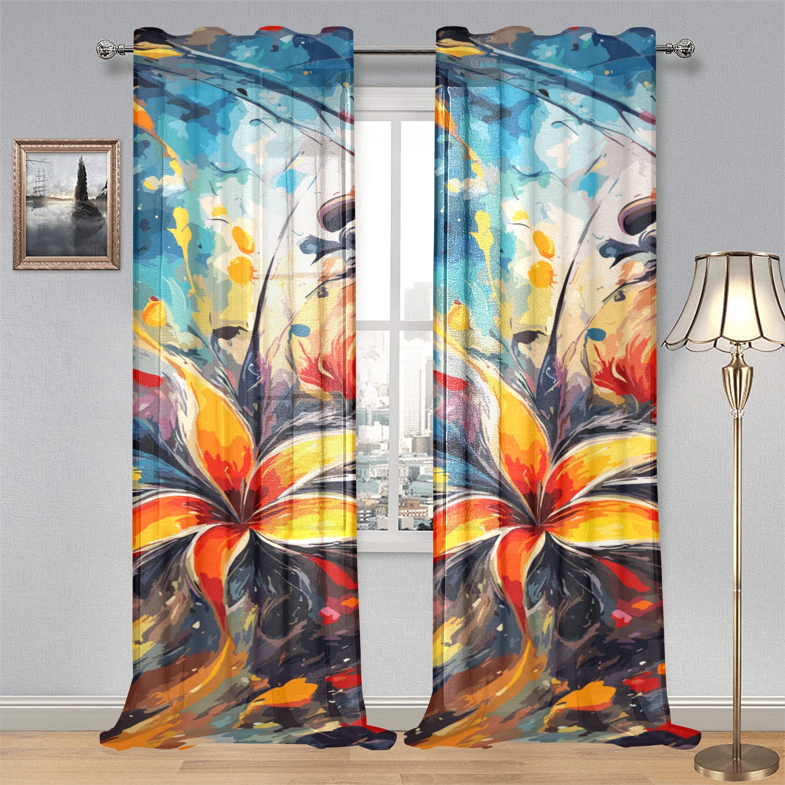 Fantastic orange and yellow flowers abstract art. Gauze Curtain 28"x95" (Two-Piece)