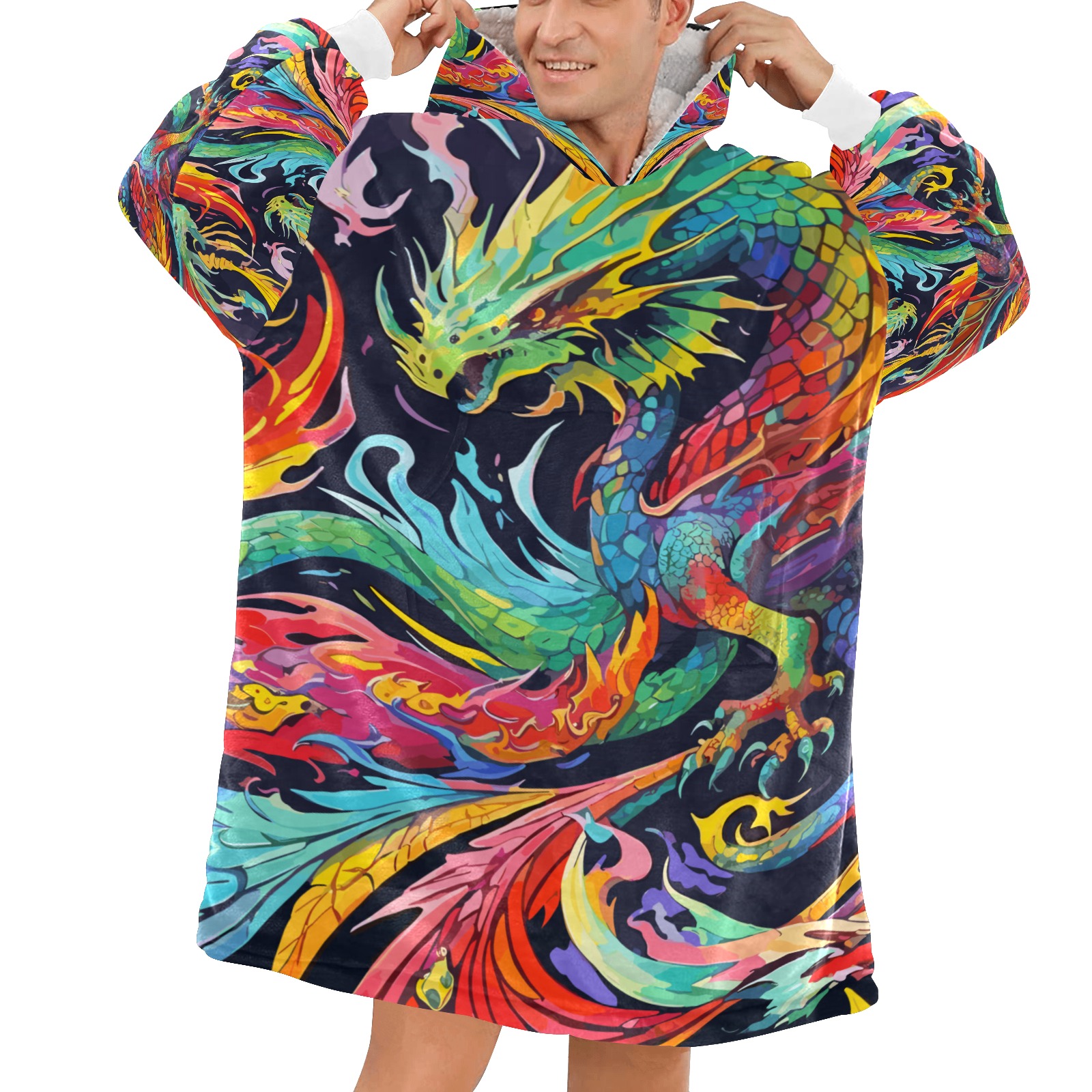 Awesome colorful abstract dragons, fire on black. Blanket Hoodie for Men