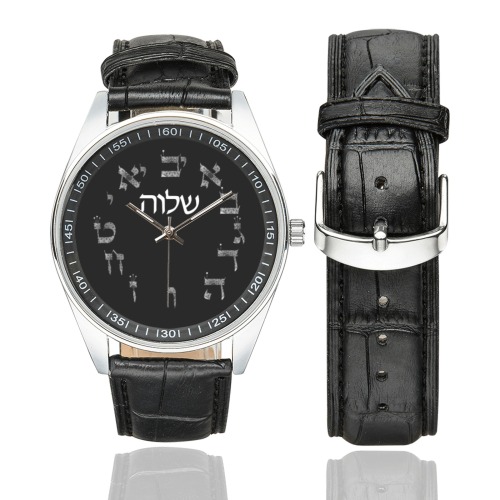 cadran hebreu floral 3-shalva Men's Casual Leather Strap Watch(Model 211)