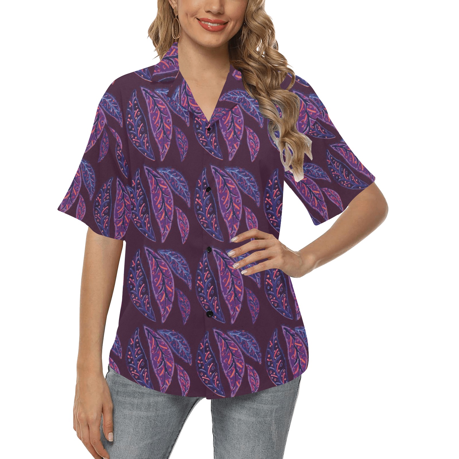 Pretty Cool Leaves All Over Print Hawaiian Shirt for Women (Model T58)