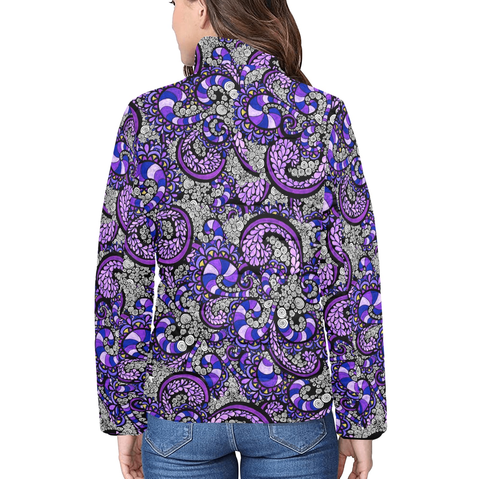Purple Pulse - Large Pattern Women's Stand Collar Padded Jacket (Model H41)