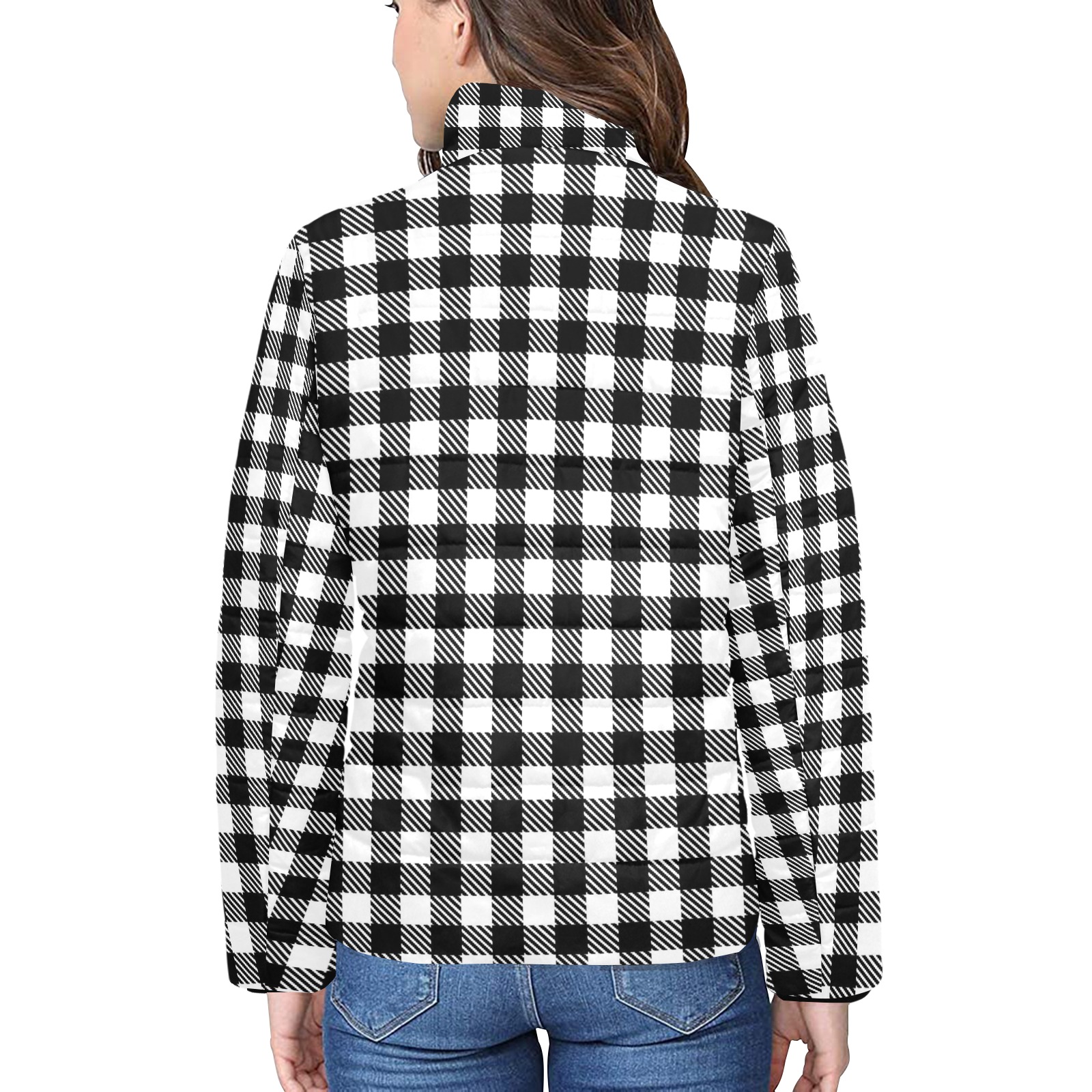 Black and white Plaid Women's Stand Collar Padded Jacket (Model H41)