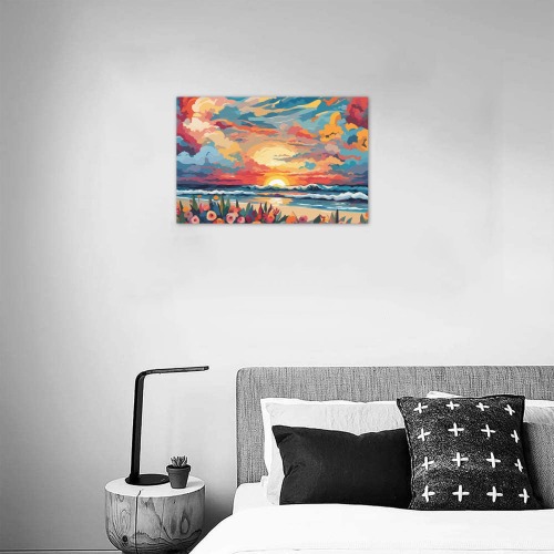 Ocean sunset, dramatic clouds, colorful flowers. Upgraded Canvas Print 18"x12"
