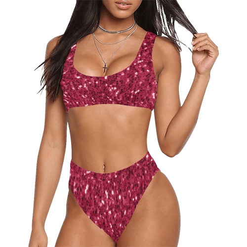 Magenta dark pink red faux sparkles glitter Sport Top & High-Waisted Bikini Swimsuit (Model S07)