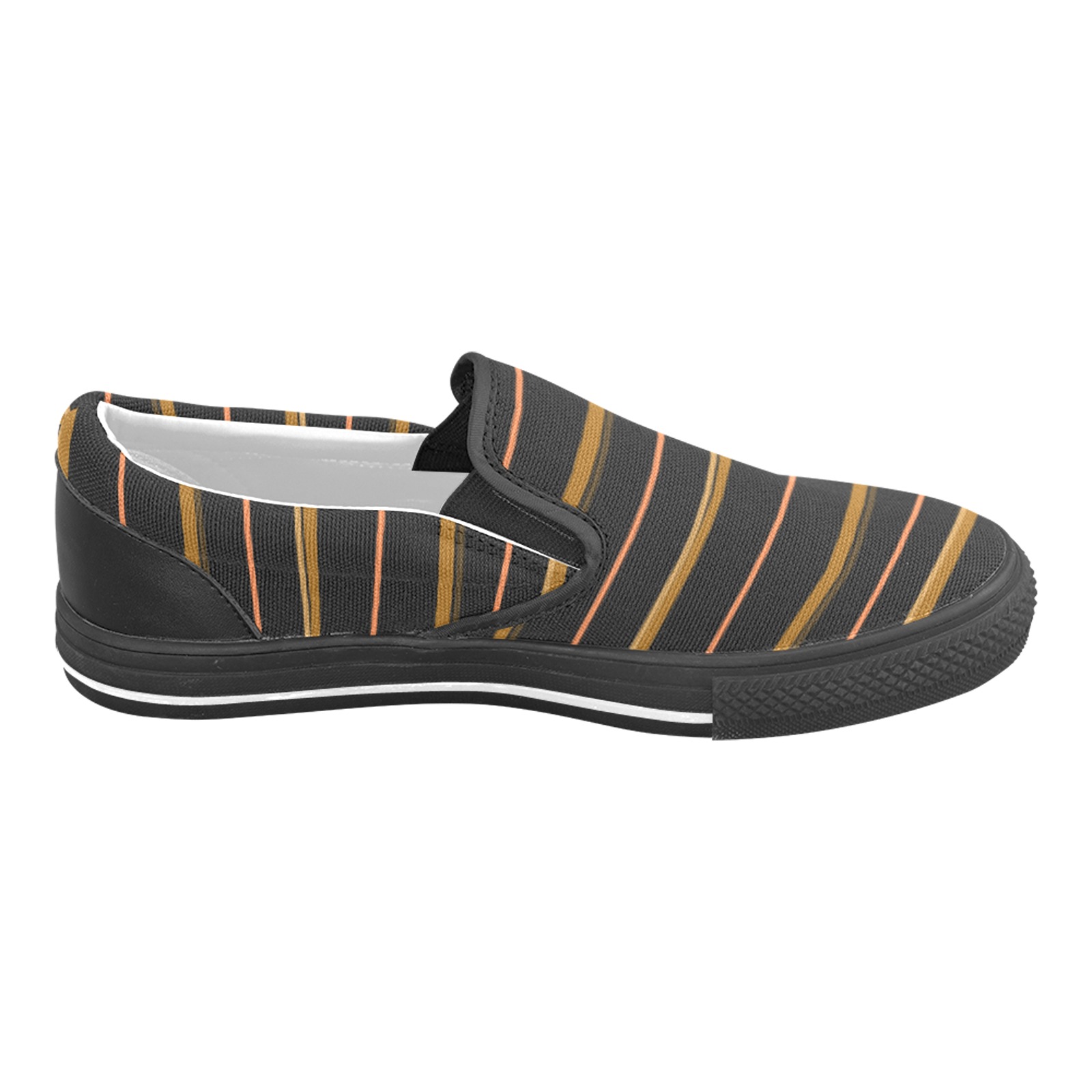 Midecentury Orange Retro Stripes on Black Women's Unusual Slip-on Canvas Shoes (Model 019)