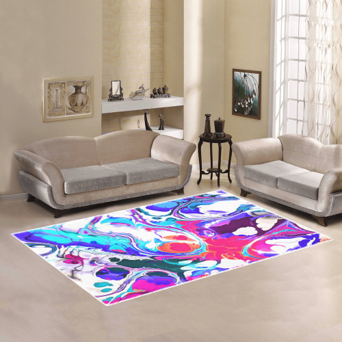 Blue White Pink Liquid Flowing Marbled Ink Abstract Area Rug7'x5'